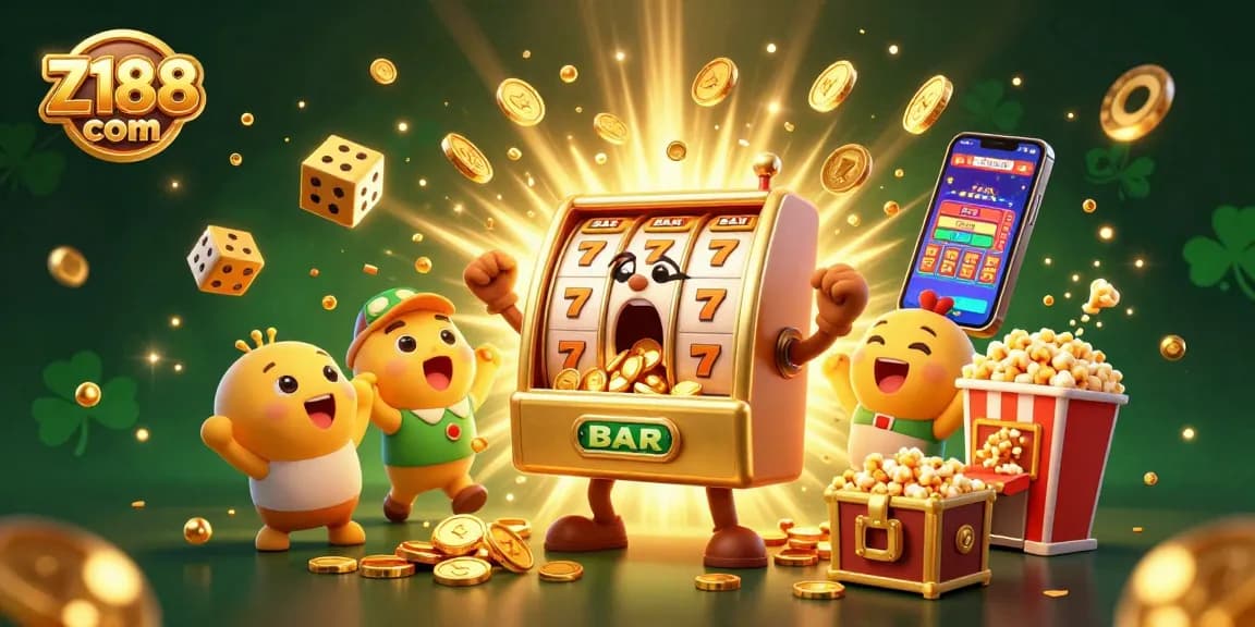 Z188 com celebrates a jackpot with a dynamic 3D illustration featuring a golden slot machine amid countless coins and cheering baby machines.