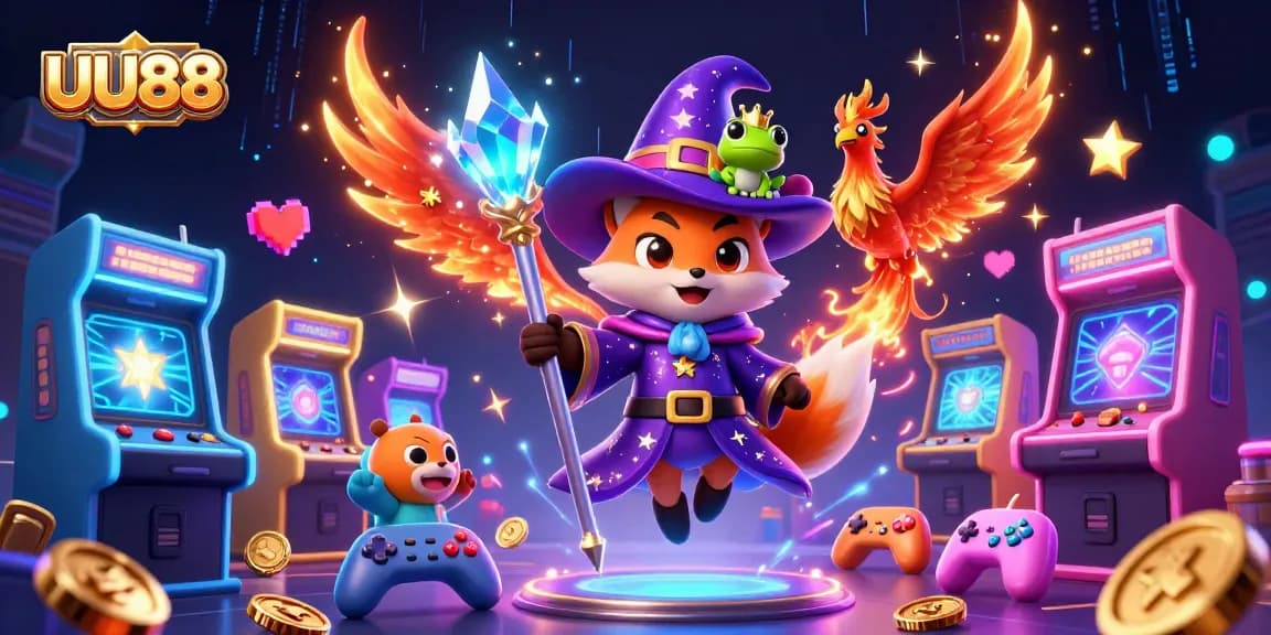 Experience thrilling UU88 gameplay with a wizard fox and phoenix in a colorful casino adventure.