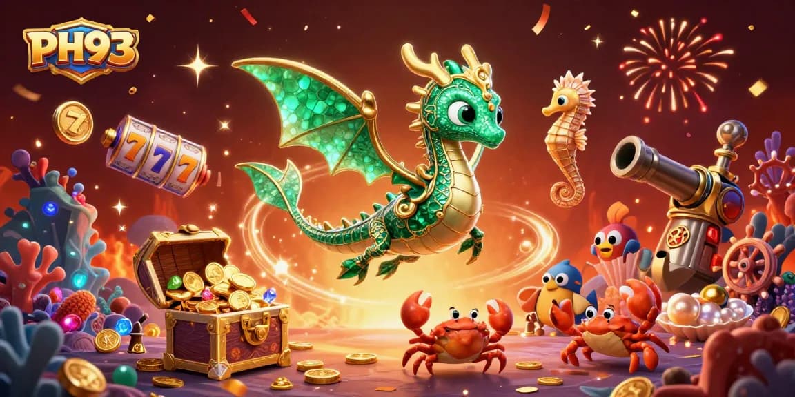 Experience the vibrant world of PH33 with colorful slot reels and a fantasy sea dragon setting.