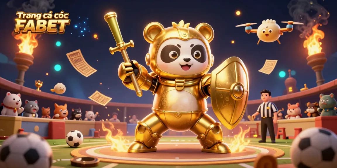 Engage in Trang cá cược FABET with a thrilling illustration of a panda in a mech suit battling in a dynamic sports betting arena.