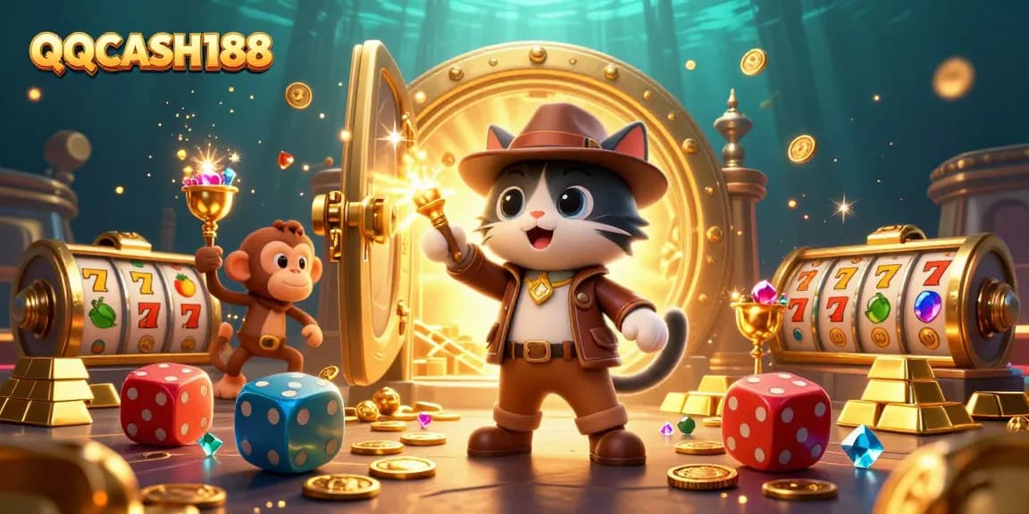 Engage with QQCASH188's vibrant casino scene featuring ancient artifacts, lively characters, and rich treasures.