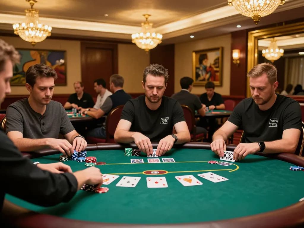 rokok88 expert players engaging in a high-stakes poker game illuminated by warm casino lighting