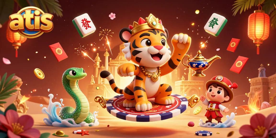 Experience gaming thrills with atas at this vibrant casino scene, featuring playful Asian-themed elements.