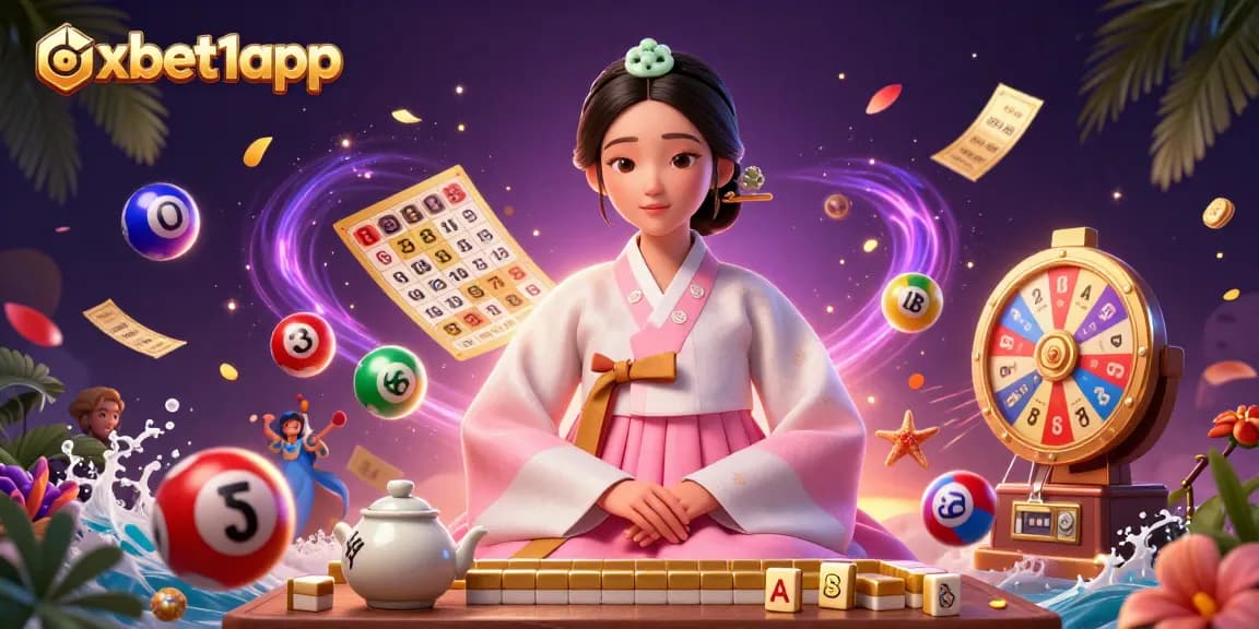 Experience vibrant excitement at oxbet1app with a dynamic illustration of lottery elements and a serene character.