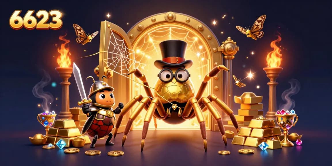 Experience the thrill of 6623 as you engage in a dynamic casino adventure with golden treasures bursting forth amidst a whimsical scene.