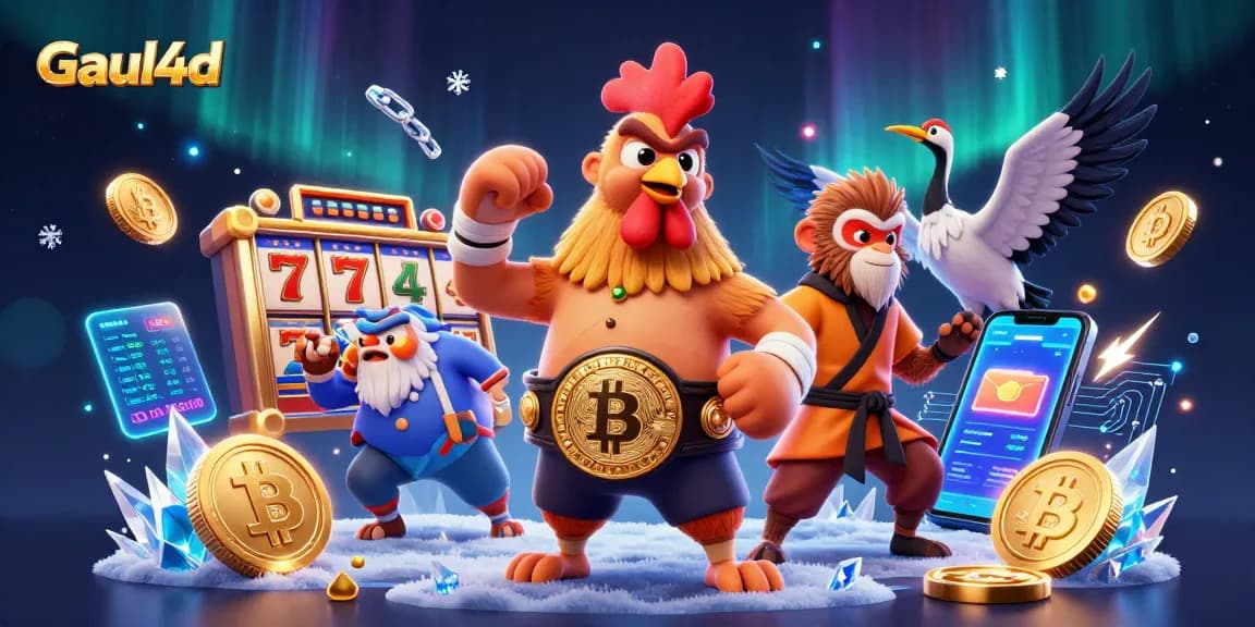 Experience Gaul4d's thrilling slot gaming with a vibrant 3D illustration of dynamic characters and casino elements.