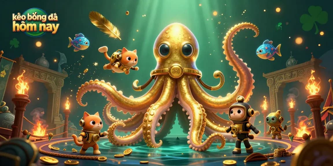 Engage in kèo bóng đá hôm nay with visual appeal from a dynamic illustration featuring a kraken and diving cat
