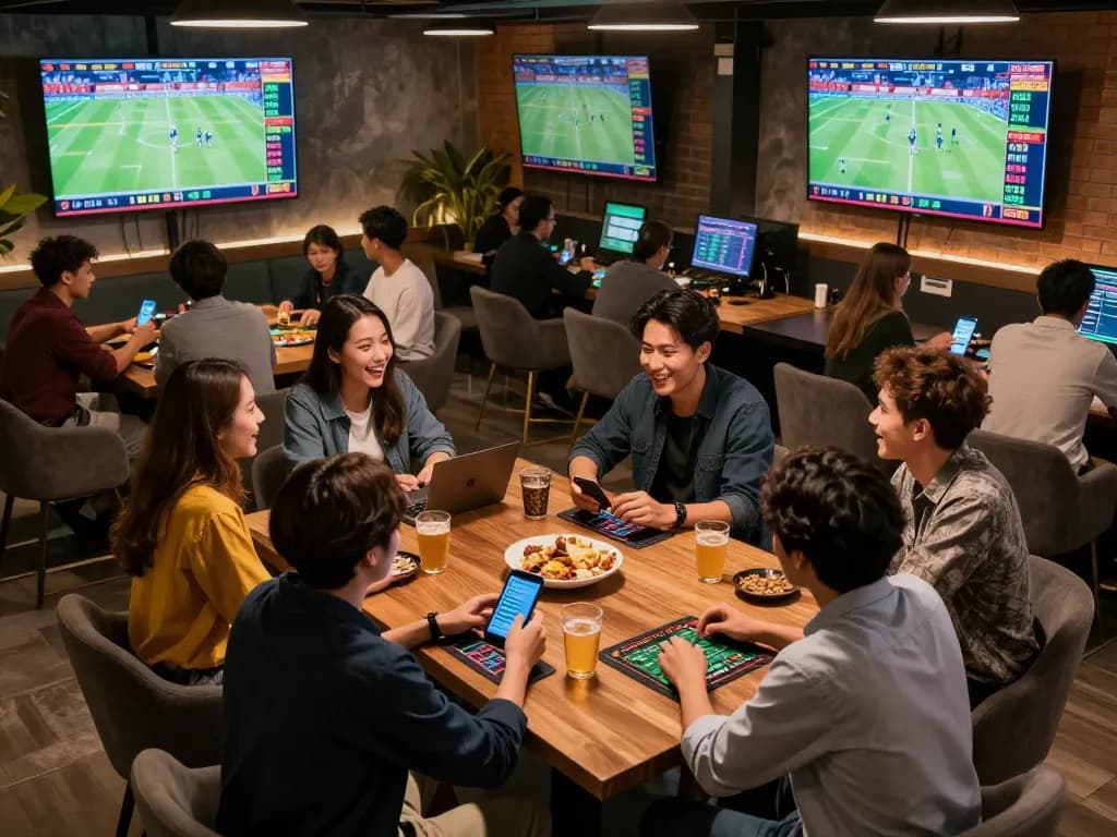 Friends engaging in sports betting at a stylish lounge with keonhacai app displayed on mobile.