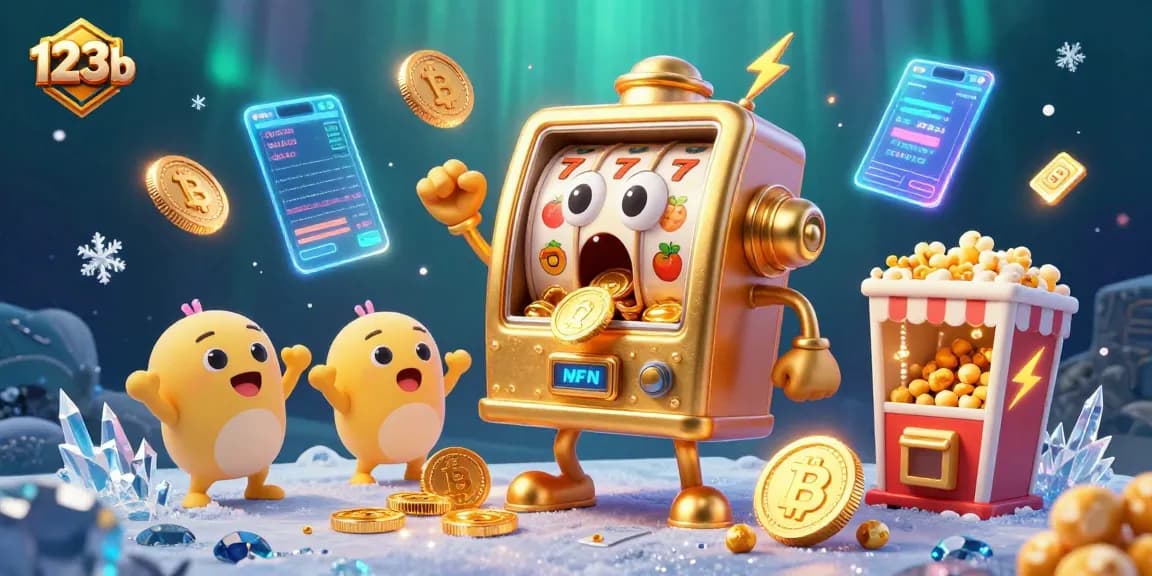 Excite your gaming with 123b's thrilling jackpot scene featuring a lively slot machine and crypto elements.