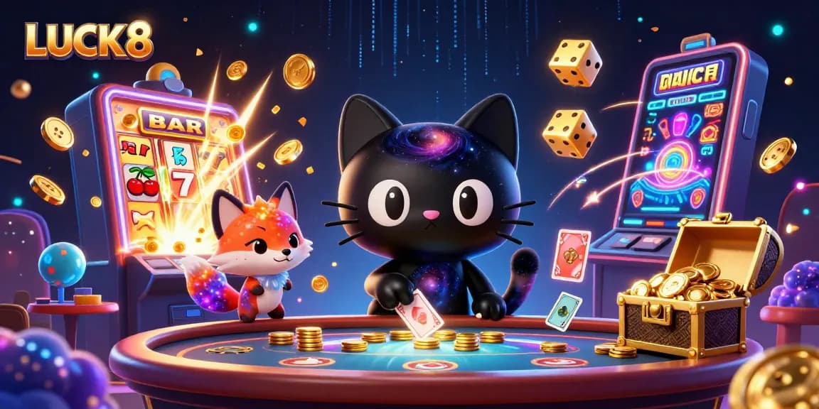 LUCK8 invites players to a thrilling cosmic casino experience with vibrant characters and dynamic game elements.