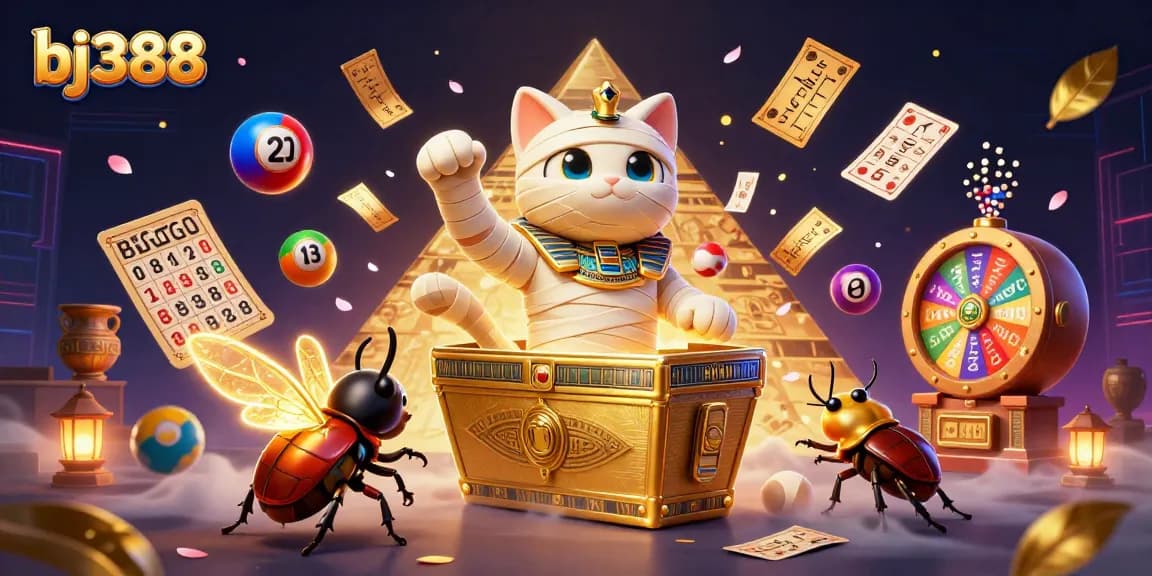 Engage with bj388 as a cartoon Egyptian mummy cat bursts from a sarcophagus in a lively casino scene.