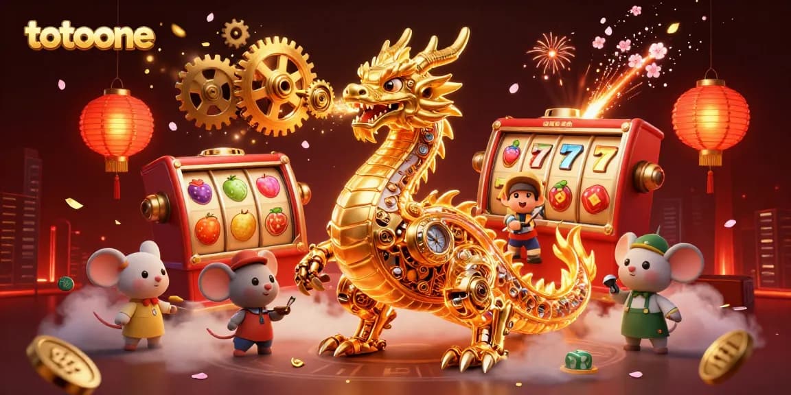 Menangkan permainan slot bertema totoone dengan naga emas mekanik unik yang mengeluarkan roda keberuntungan.