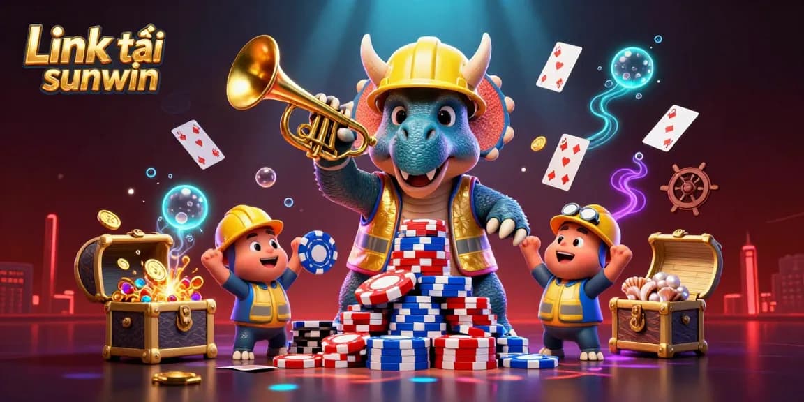 Exciting illustration of Link tải sunwin, featuring animated characters celebrating with poker chips amidst vibrant casino elements.