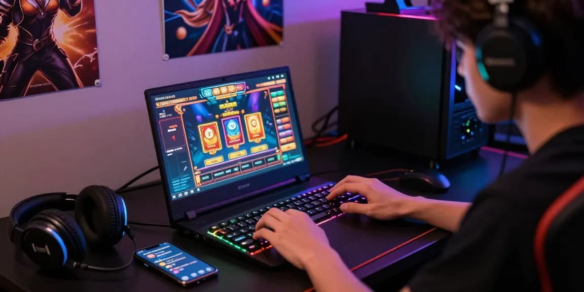 Player engaged in an online slot game with exciting สล็อตรับโปรโมชั่น offers in a cozy gaming room, illuminated by vibrant LED lights.