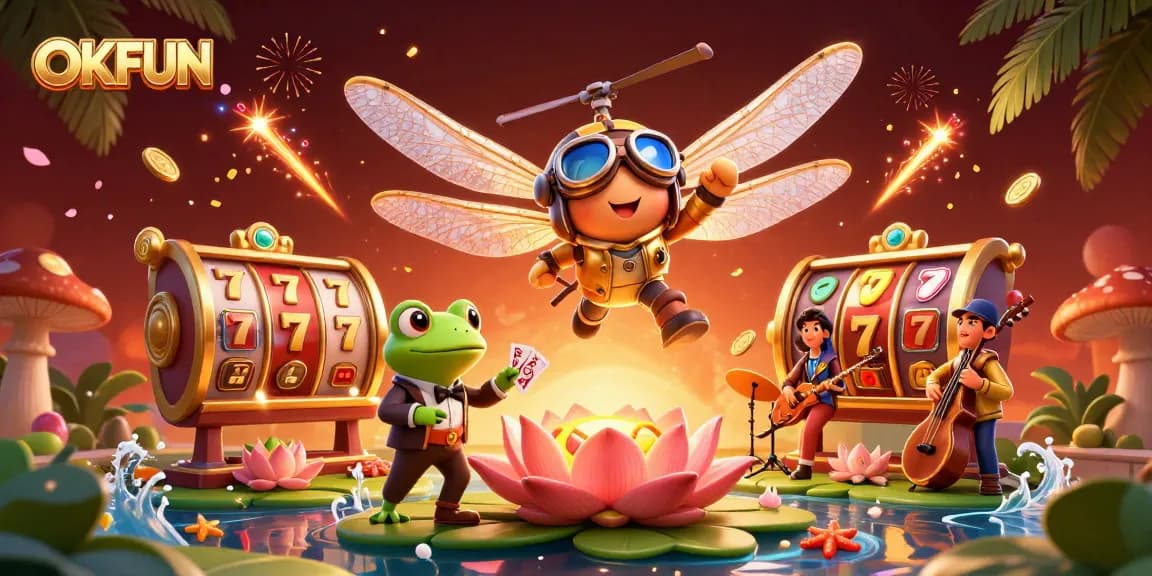 Spin the reels of OKFUN in a vibrant 3D casino illustration with engaging characters and dynamic elements.