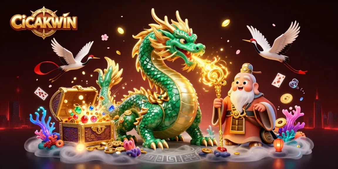 CICAKWIN showcases an emerald jade dragon amidst golden treasures, enhancing the gaming adventure.