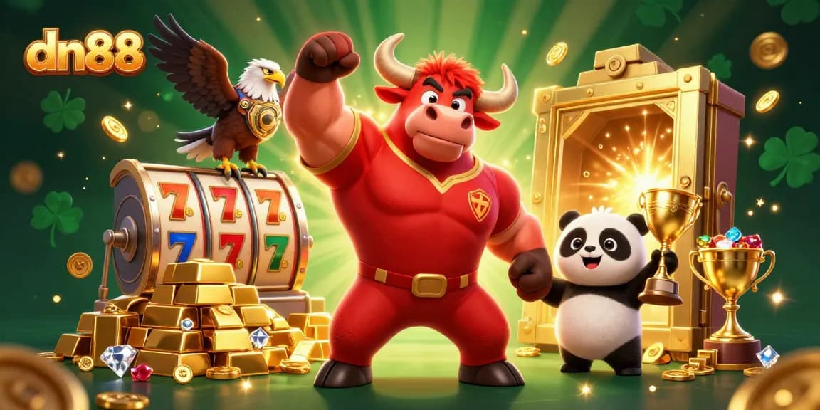 Experience dn88's vibrant casino world with a dynamic illustration featuring a triumphant bull mascot and festive gaming elements.