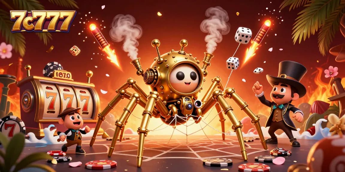 Engage in thrilling gameplay at 7c777 with a vibrant scene of a steampunk spider and casino elements.