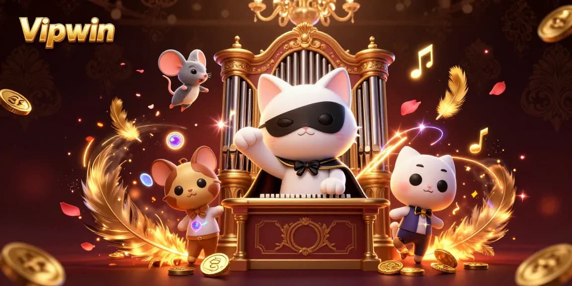 Win big at Vipwin with an enchanting casino scene featuring a phantom kitty and musical elements.