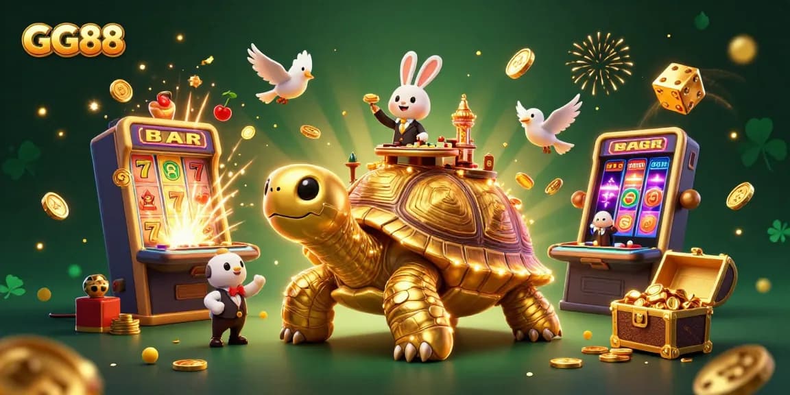 Experience gaming excitement at GG88 with a vibrant 3D illustration showcasing a unique casino ecosystem.