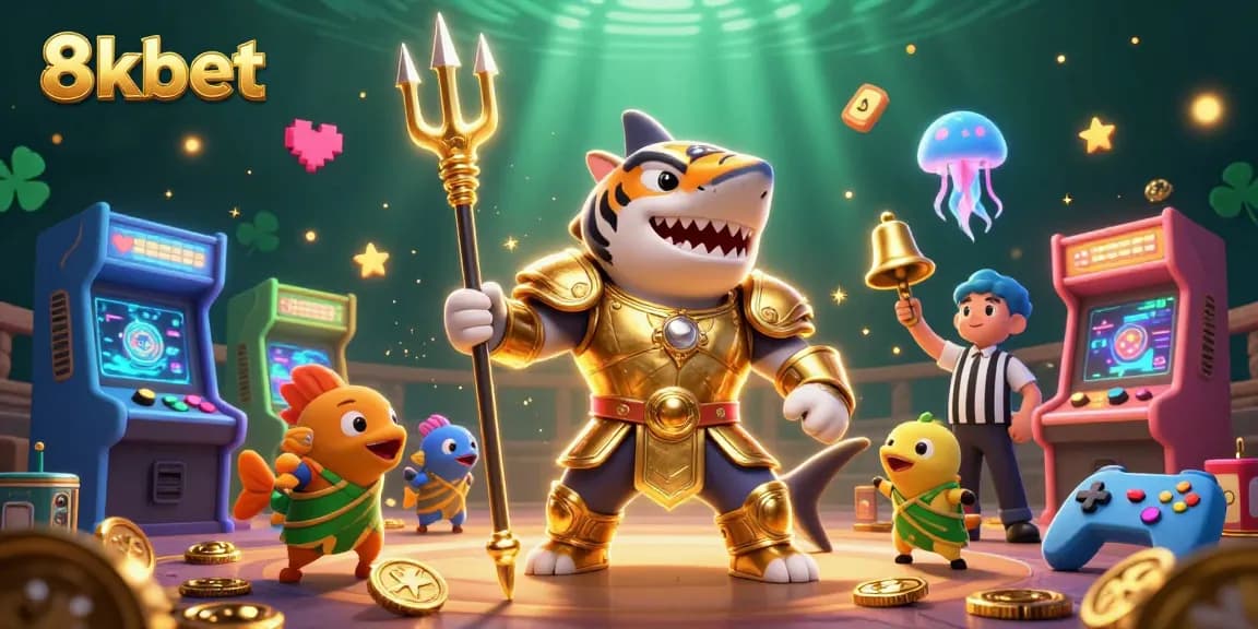 Engage in thrilling gaming action with 8kbet in an underwater colosseum filled with vibrant arcade elements.