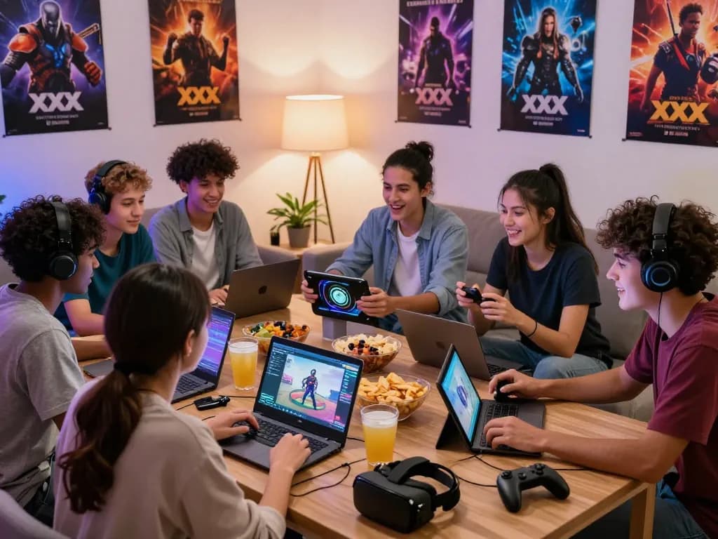 Engaged players enjoying xxx games in a cozy living room setting with devices and snacks.