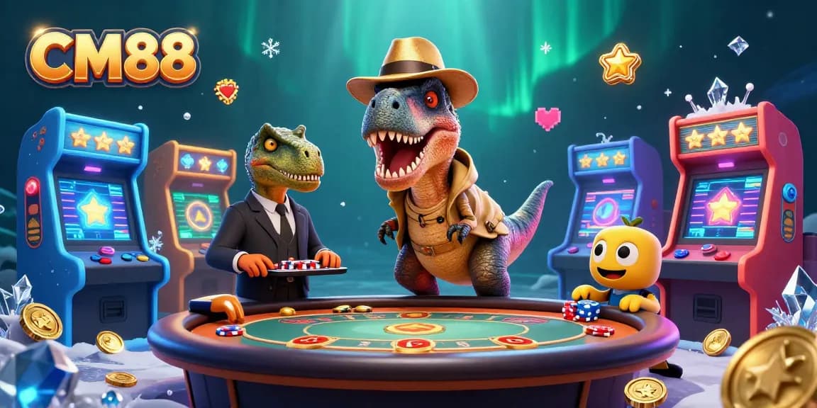 Experience thrilling gameplay at CM88 with a velociraptor card counter and vibrant casino elements.