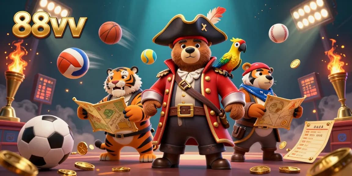 Bet on thrilling adventures with 88vv featuring a cartoon pirate bear, tiger, and sports balls.