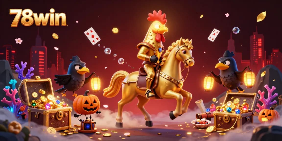 Experience the thrilling energy of 78win in a vibrant casino world with golden rooster symbols and lavish gems.