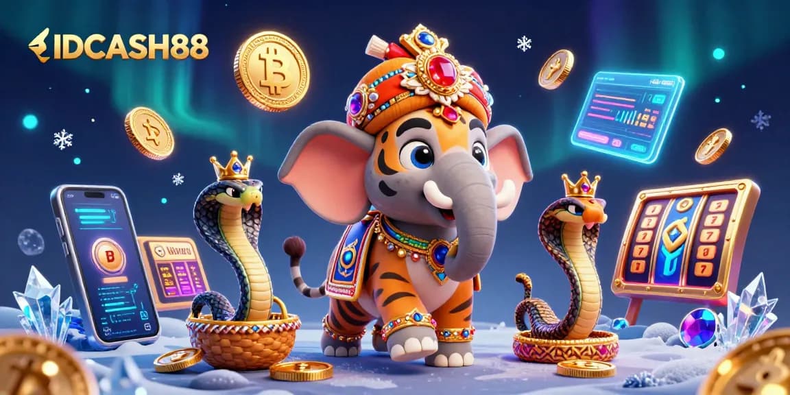 Experience casino excitement with IDCASH88 as the luxurious tiger rides an elephant amidst vibrant game symbols.