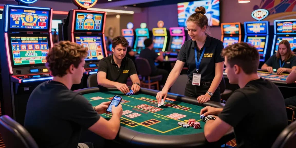 Exciting casino gaming environment showcasing players at jumpspace.org.uk using credit cards for online gaming, vibrant atmosphere and modern gaming tables.