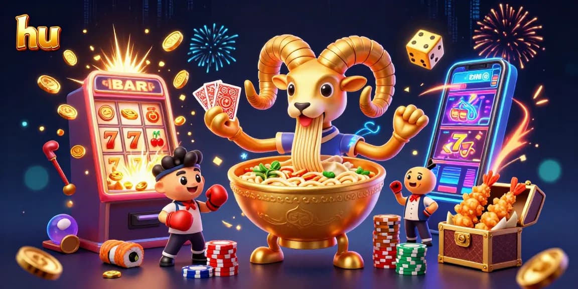 hu slots illustration featuring a vibrant ramen bowl character stacking chips and dealing cards.