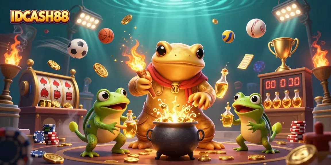 Engage with IDCASH88 for a thrilling experience in a vibrant casino atmosphere filled with gold coins and sports excitement.
