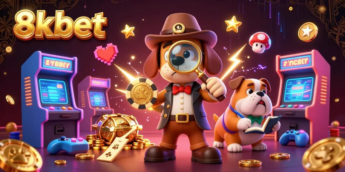 View a vibrant 3D scene where a detective dog uncovers treasures of chance at 8xbet's casino.