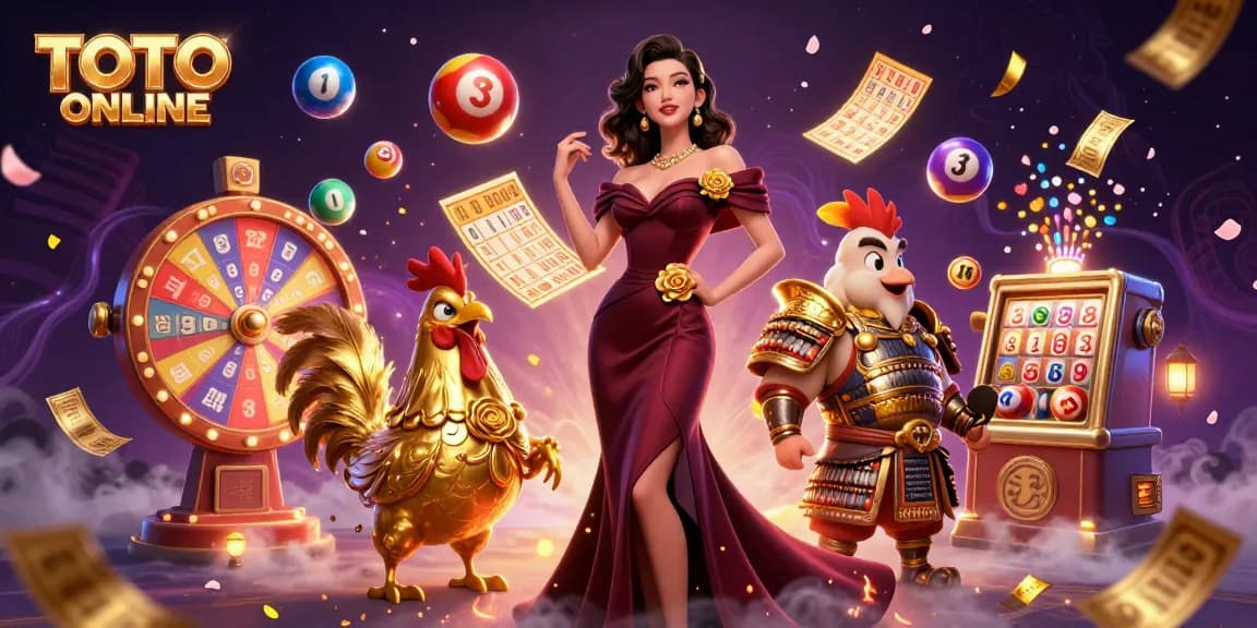 Play and win big with TOTO ONLINE, featuring vibrant lottery elements and characters in a dynamic scene.