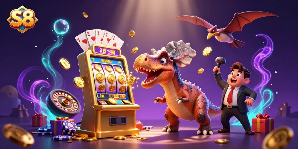 S8 casino excitement with a pachycephalosaurus winning jackpot coins from a golden slot machine amid a chaotic casino scene.