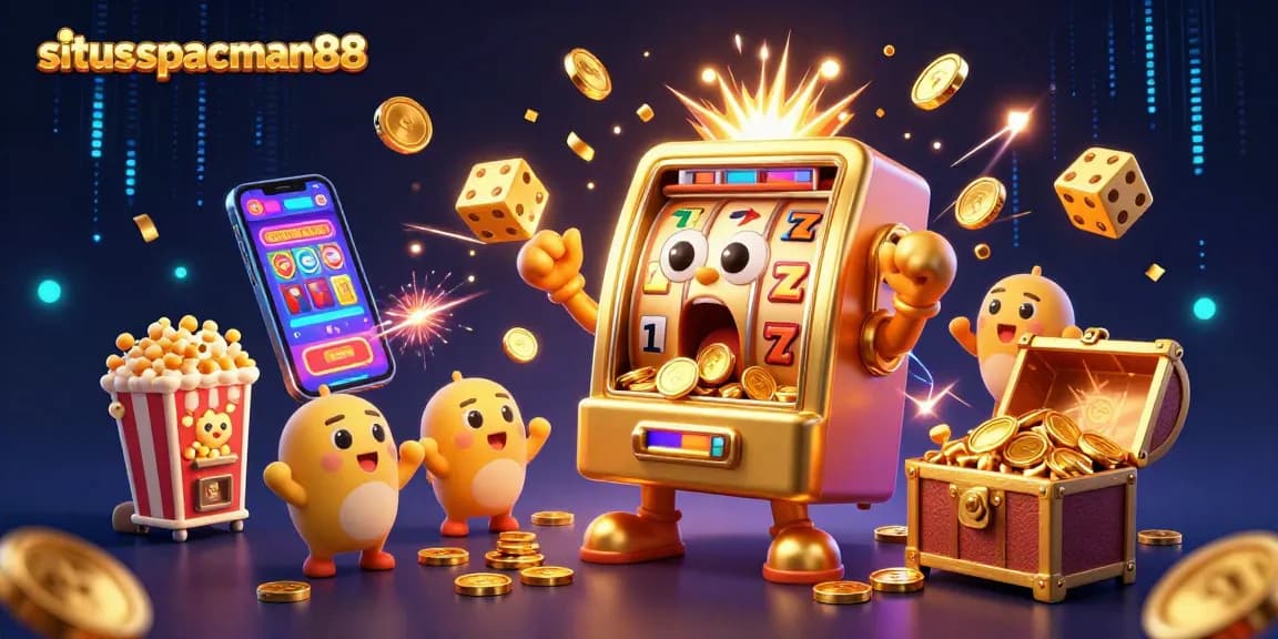 Experience the excitement at situs spaceman88 as golden slot machines celebrate jackpots amidst vibrant casino elements.