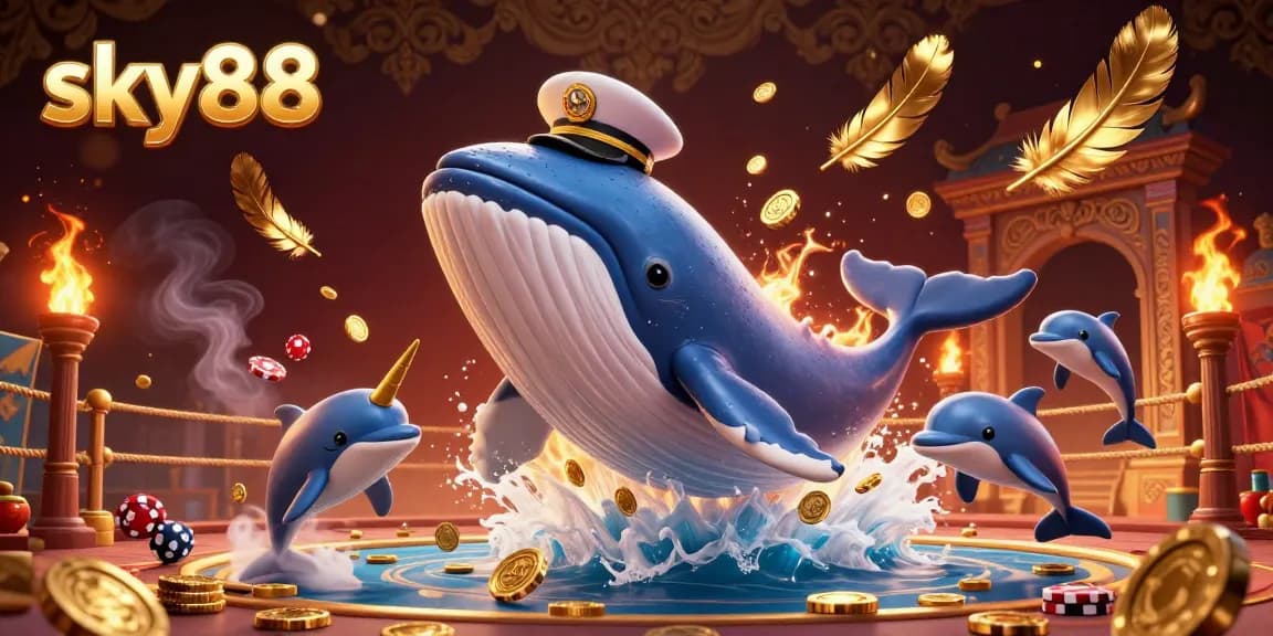 Experience the excitement of sky88 with a vibrant casino scene featuring playful whales and luxurious elements.
