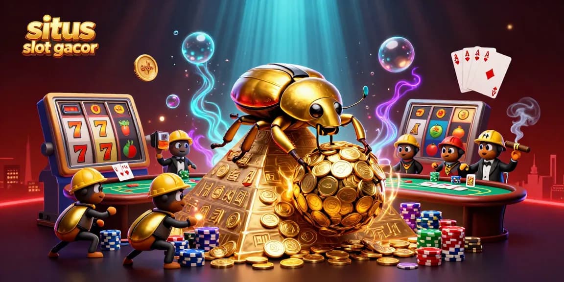 Experience excitement on situs slot gacor with a golden beetle scene filled with slot reels and poker elements.