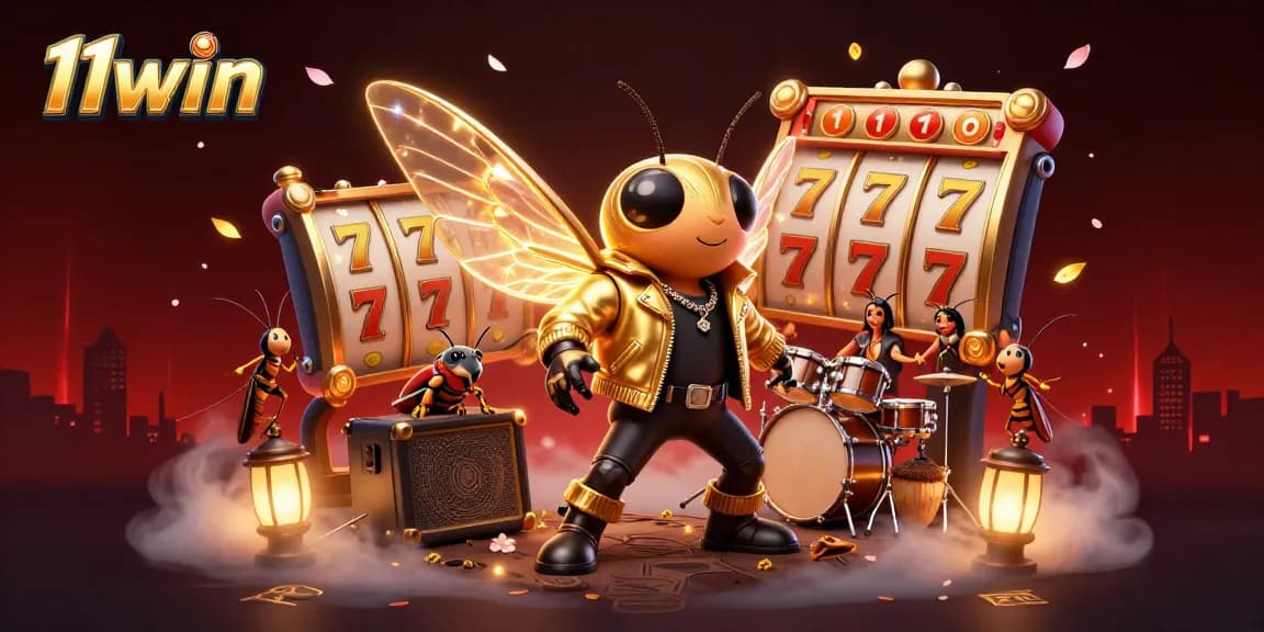 Engage with the thrilling world of 11win featuring a vibrant 3D casino scene with a rock star cicada.