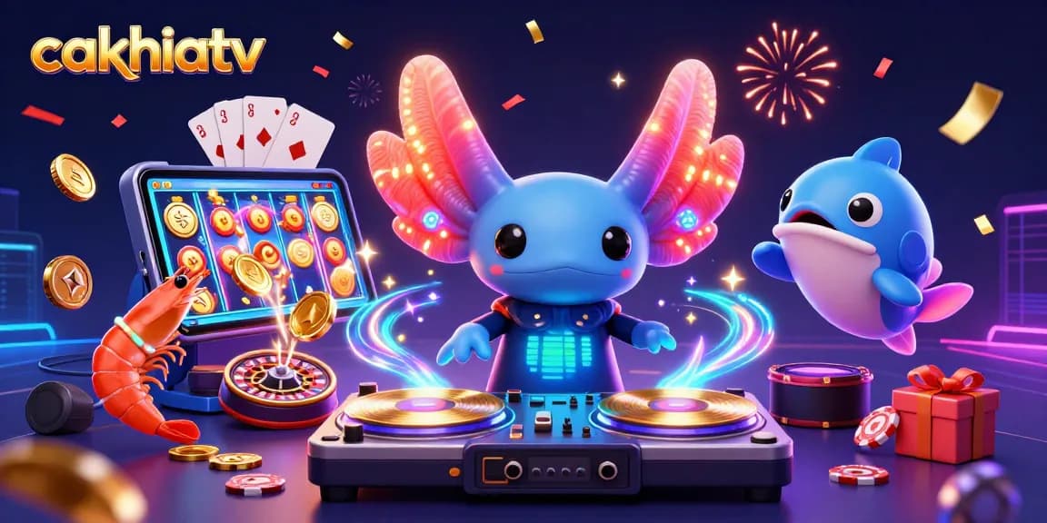 Cakhiatv showcases vibrant 3D axolotl DJ spinning slots in a colorful gambling arena.