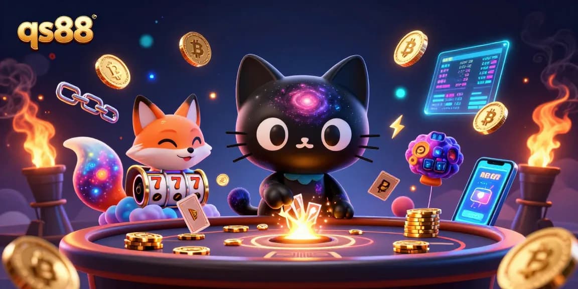 Engage in thrilling gameplay at qs88 with a cosmic casino scene featuring a black hole cat and crypto elements.