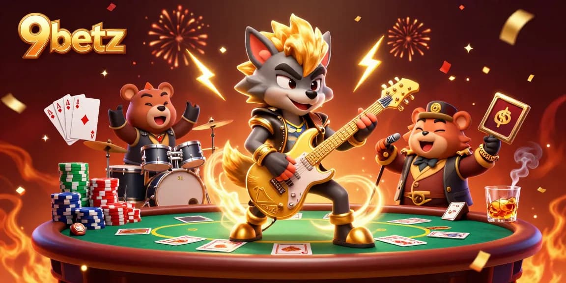 Experience the thrill of 9betz with a rock star wolf and poker action in a lively casino scene.