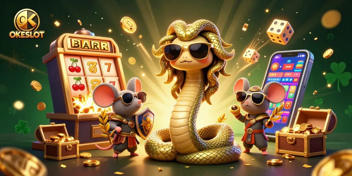 Menangkan permainan slot di OKESLOT dengan karakter Medusa dan mouse pejuang dalam ilustrasi kasino yang penuh aksi.