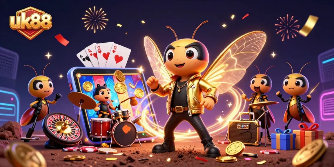 Engage with uk88's vibrant casino scene featuring slots, a rock star cicada, and electrifying elements.