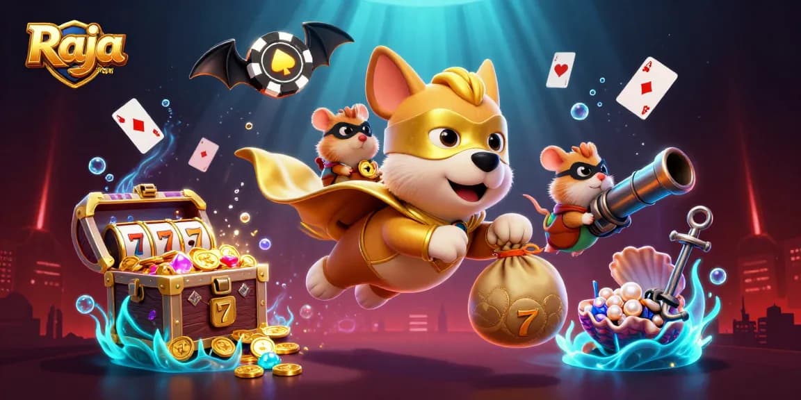 Raja game login illustration featuring a superhero dog flying with coins amidst slot elements and colorful underwater gems.