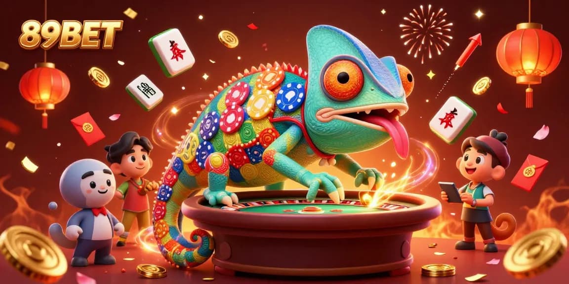 Experience thrilling gameplay at 89BET with colorful chameleon casino scenes filled with festive gaming elements.