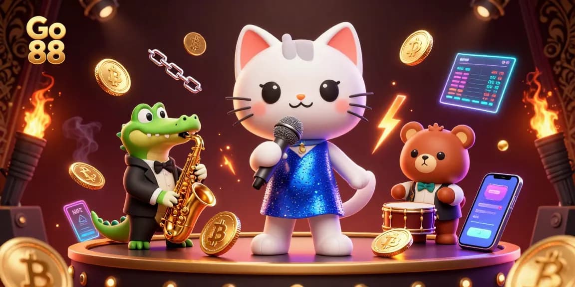 Experience winning at Go 88 with immersive casino scene featuring lively characters and vibrant crypto elements.