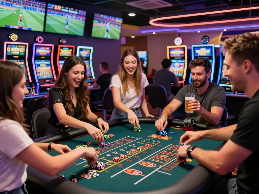 Group of friends enjoying a vibrant gambling experience celebrating wins at 8kbett.dev casino.