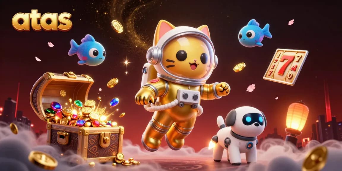 Engage in thrilling gaming action at atas casino with a vibrant 3D scene featuring astronauts and treasures.